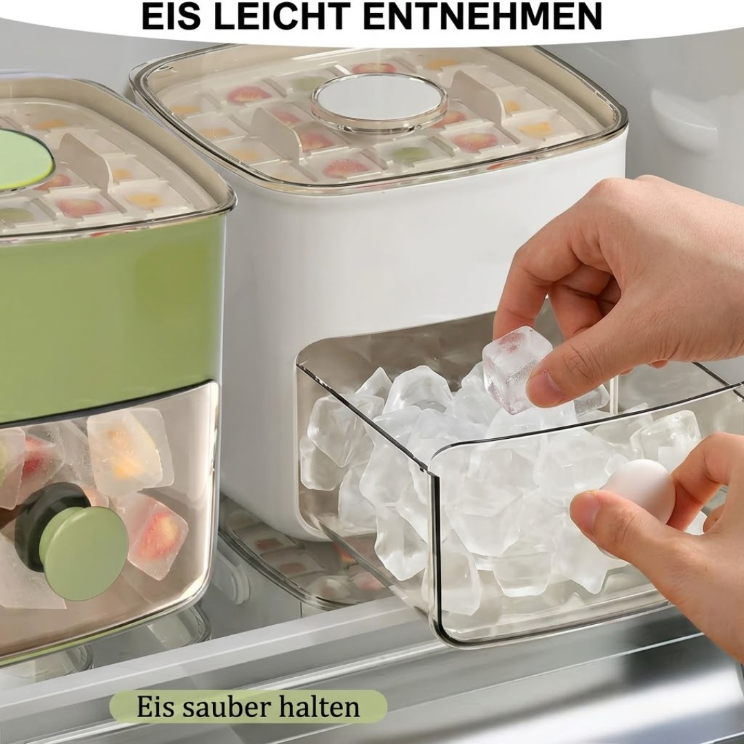 2-in-1 Eiswürfelform mit Deckel und Behälter – One-Touch Entriegelung