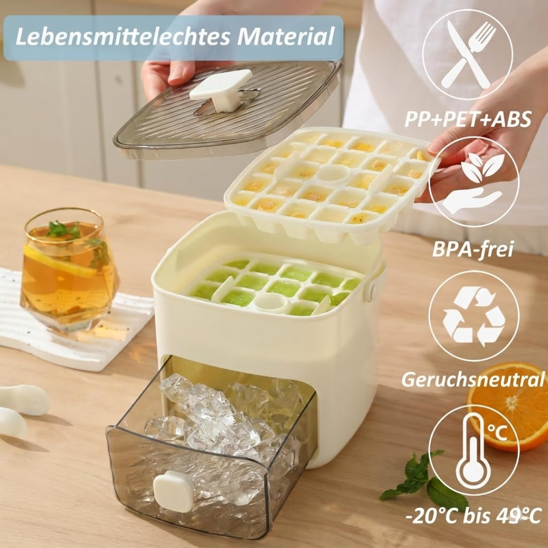 2-in-1 Eiswürfelform mit Deckel und Behälter – One-Touch Entriegelung
