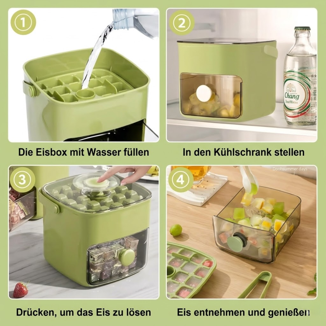 2-in-1 Eiswürfelform mit Deckel und Behälter – One-Touch Entriegelung