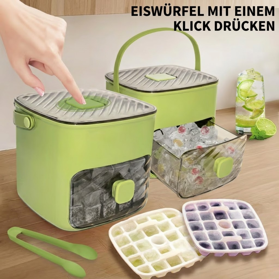 2-in-1 Eiswürfelform mit Deckel und Behälter – One-Touch Entriegelung